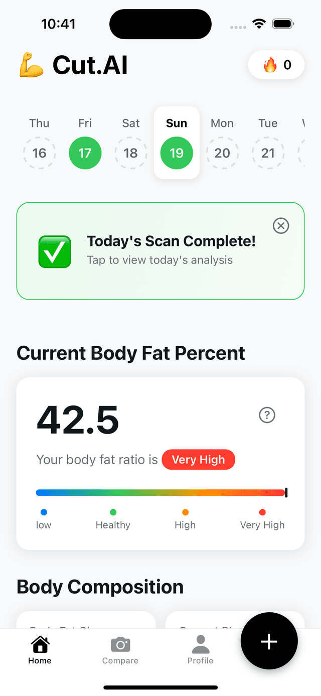 CutLog body fat estimation app - home screen